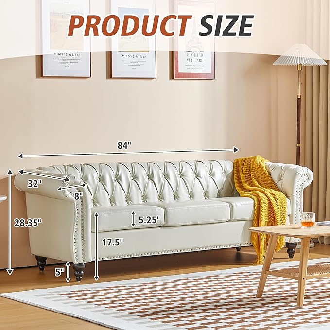 QHITTY Accent Large Sofa, Chesterfield Couch 3 Seater Modern Leather Couch Upholstered Sofa with Tufted Back for Living Room Furniture (White)