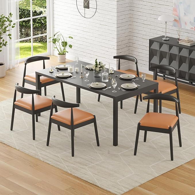 Farini Mid Century Modern Dining Chairs Set of 4, Solid Wood Frame Kitchen Chairs with PU Leather Upholstered Seat for Dining Room & Breakfast Nook,Black-Whiskey Brown