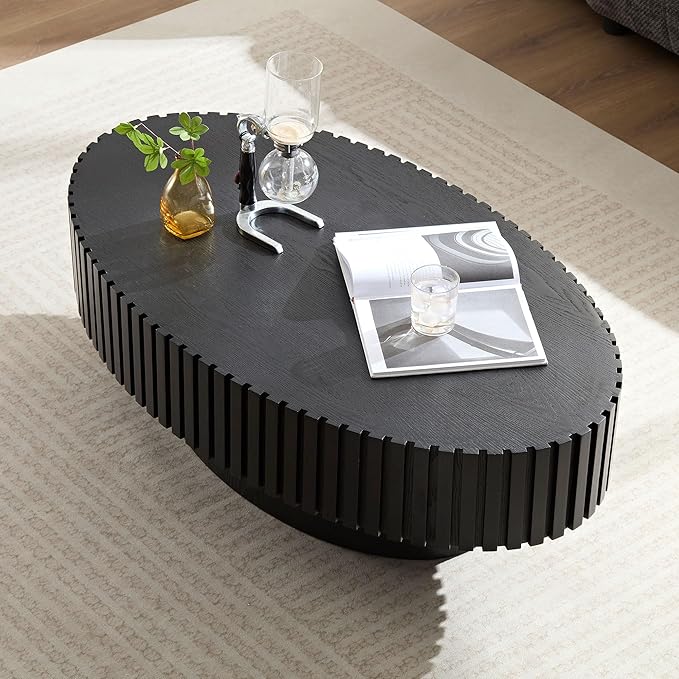 43.7'' Oval Wood Coffee Table,Modern Handcraft Drum Coffee Table for Living Room, Small Center Table with Sturdy Pedestal (Black, L43.7 x W24.8 x H13.38)