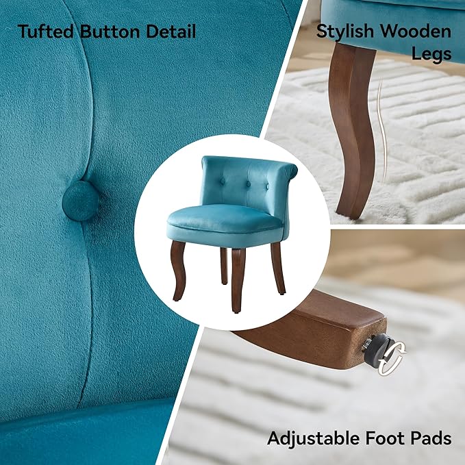 WUTUTUEE Velvet Vanity Chair with Back, Tufted Upholstered Vanity Stool with Solid Wood Legs, Mid Century Small Makeup Chair for Vanity, Accent Chair for Bedroom, Living Room, Teal