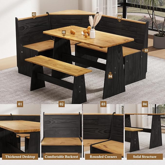 Breakfast Nook Table Set – L-Shaped Corner Dining Bench Set, Kitchen Nook Booth Dining Table, Space-Saving Banquette Seating for Apartment or Dining Room, Modern Black Wood Corner Table Set