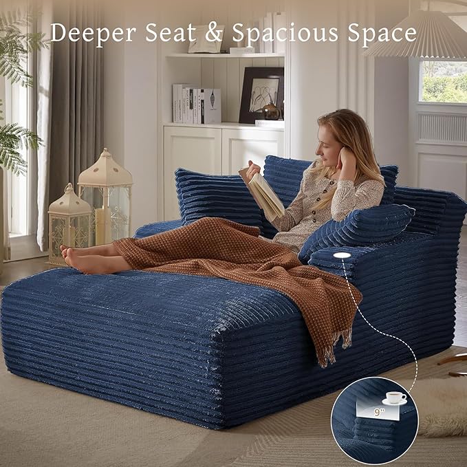 VEPXXP 66" Chaise Lounge Chair Indoor, Oversized Boneless Couch Comfy Upholstered Sleeper Sofa Bed with 3 Pillows, Corduroy Cloud Reading Chair for Living Room No Assembly Required, Blue