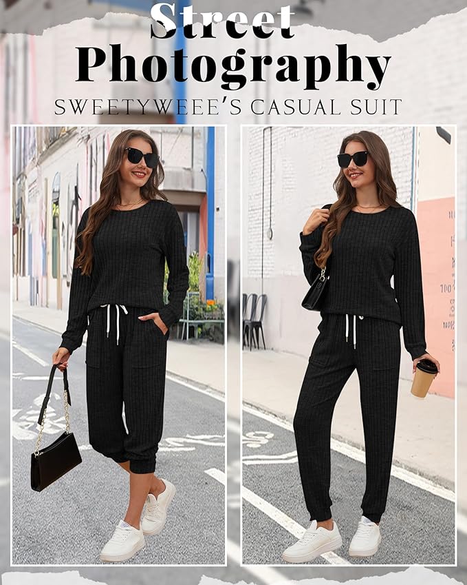 Sweetyweee Women's Ribbed Knit Lounge Sets 2 Piece Outfits Long Sleeve Pajamas Set Loungewear Sweatsuits Fall Pjs with Pocket