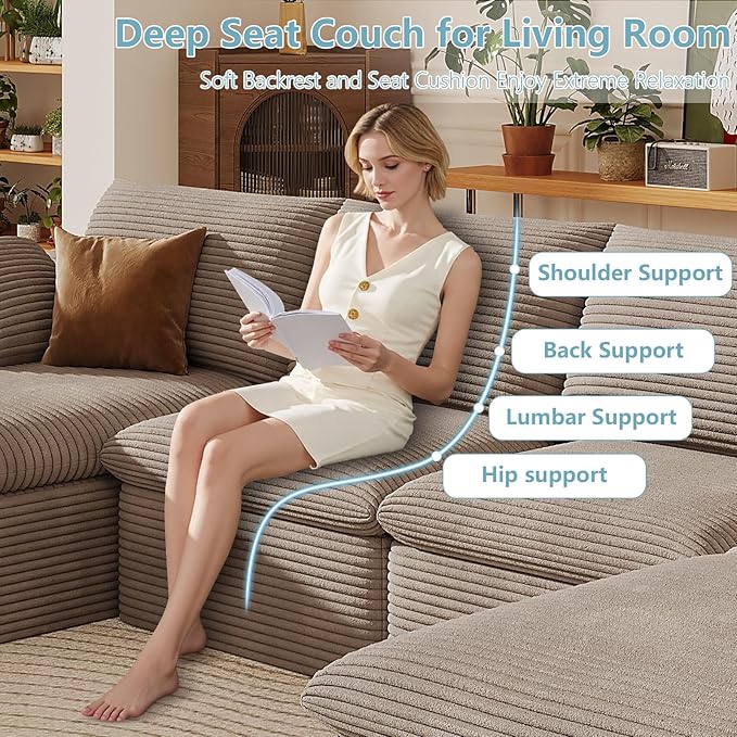 136" Cloud Sectional Couch with U-Shaped Chaise,Corduroy Viral Boneless Sofa with Ottoman,Memory Foam Couches in a Box with Deep Seat for Living Room,No Assembly Required (Camel,Left-Facing Chaise)