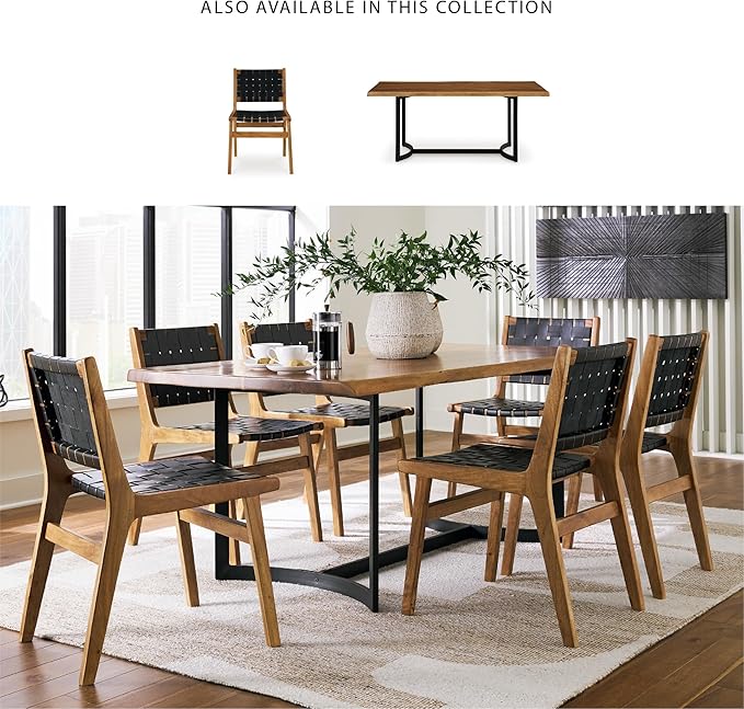 Signature Design by Ashley Fortmaine Modern Upholstered Armless Dining Chair with Open Back and Woven Leather Straps, Set of 2, Light Brown & Black