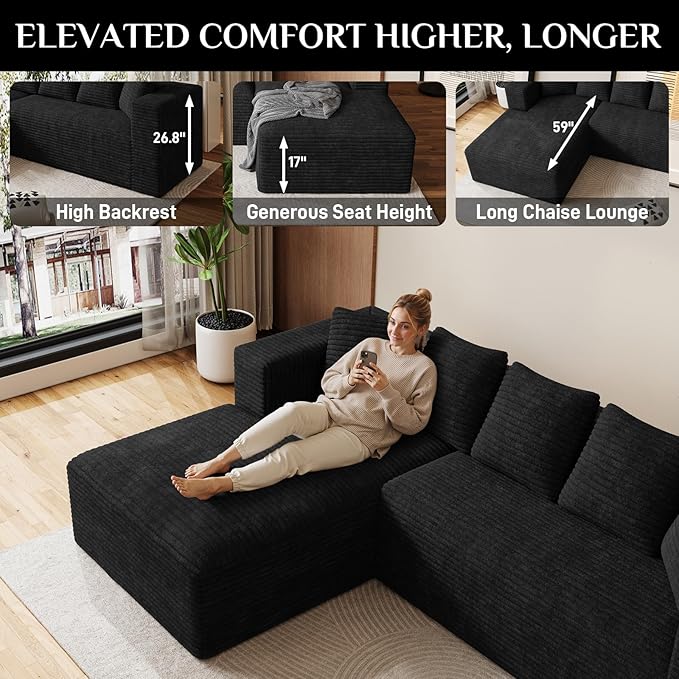 Modular Sectional Sofa, 107" L Shaped Cloud Couch Plush Corduroy Deep Seat Boneless Sofas with 5 Pillows Long Chaise Lounge Couches Memory Foam for Living Room - Black, Left Facing Chaise