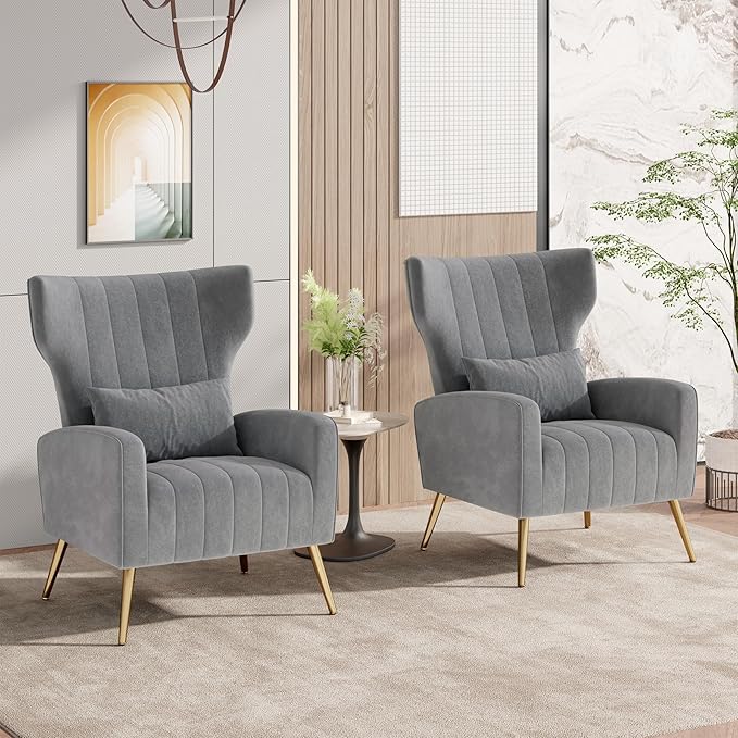 Nalupatio Modern Accent Chairs for Set of 2 Upholstered Velvet Fabric Reading Chair Mid Century Arm Chair Comfy Armchair for Living Room,Grey