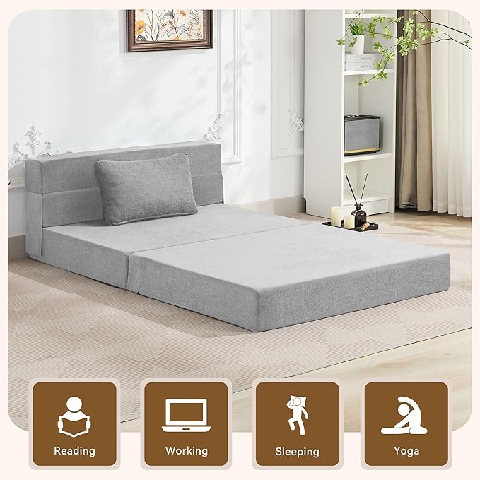 Folding Sofa Bed Convertible Floor Couch Foldable Chair Bed with Pillow，Linen Sleeper Chair Futon,Foldable Memory Foam Mattress for Bedroom/Living Room/Dorm/Office (Light Grey, Standard)