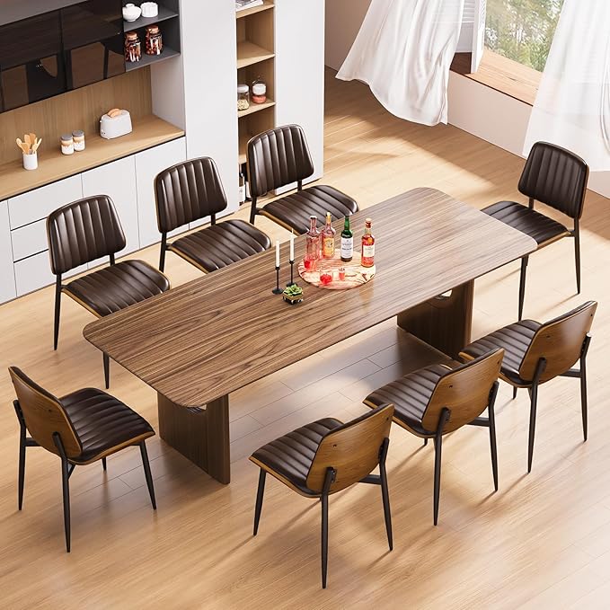 YaFiti Dining Chairs Set of 8, Mid Century Modern Dining Room Kitchen Chairs, Upholstered PU Leather Vertical Stripe Chairs for Vanity with Walnut Bentwood and Metal Legs, Brown