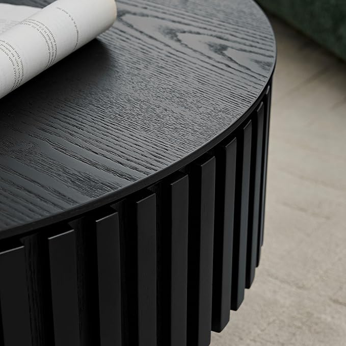 31.49'' Nesting Round Wood Coffee Table with Storage for Apartment, Modern Living Room Coffee Table with Sturdy Pedestal (Black, Ø31.49 x 13.77 with Storage)