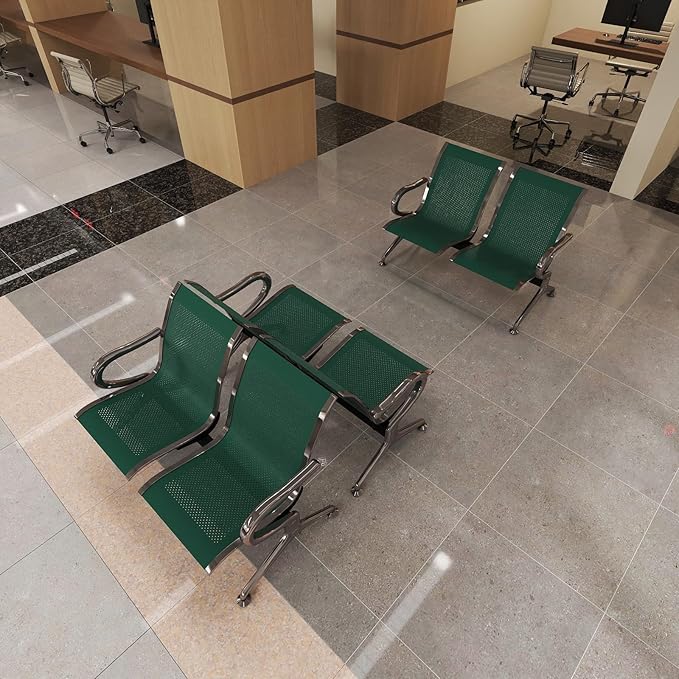 Kinfant 2-Seat Waiting Room Chair - Office Guest Reception Chairs with Ergonomic Backrests, Airport Waiting Bench with Armrests, Metal Waiting Furniture for Hospital, Bank (Dark Green, Set of 3)