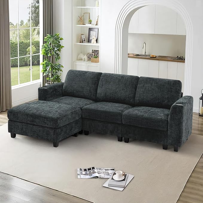 Lesofair 87" Chenille Sectional Sofa with Movable Ottomans, Modular L-Shape Couch with Cup Holders, Convertible 3 Seater Sofa with Well-Filled Backrest Cushions for Living Room, House, Grey