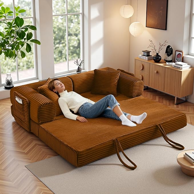 Chorlenimi Boneless Couch Futon Sofa Bed Sectional Couches for Living Room,Cloud Couch with Sleeper Sofa,Sofas for Living Room Oversized Corduroy Upholstered (Orange, 81 Inches (with Iron Frame))