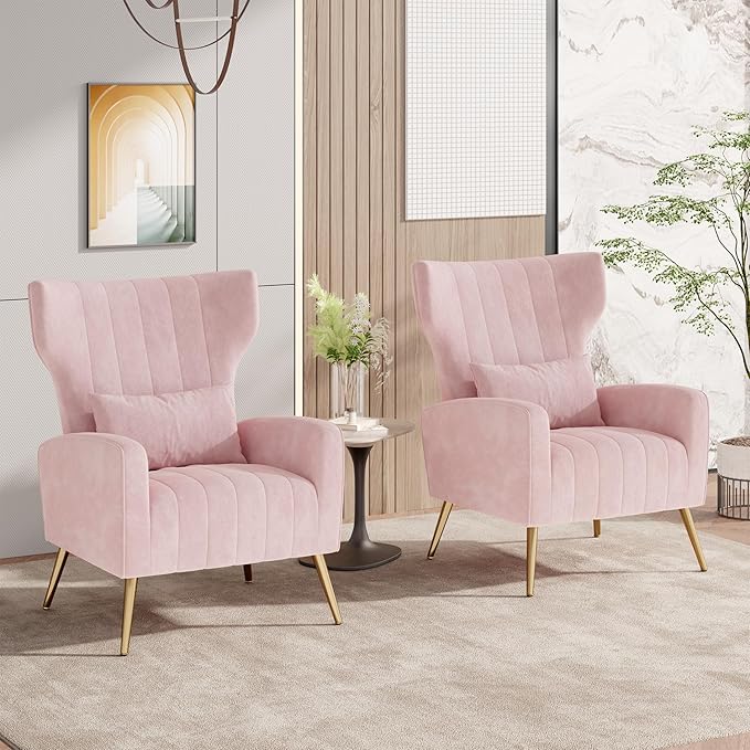 Nalupatio Modern Accent Chairs for Set of 2 Upholstered Velvet Fabric Reading Chair Mid Century Arm Chair Comfy Armchair for Living Room,Pink