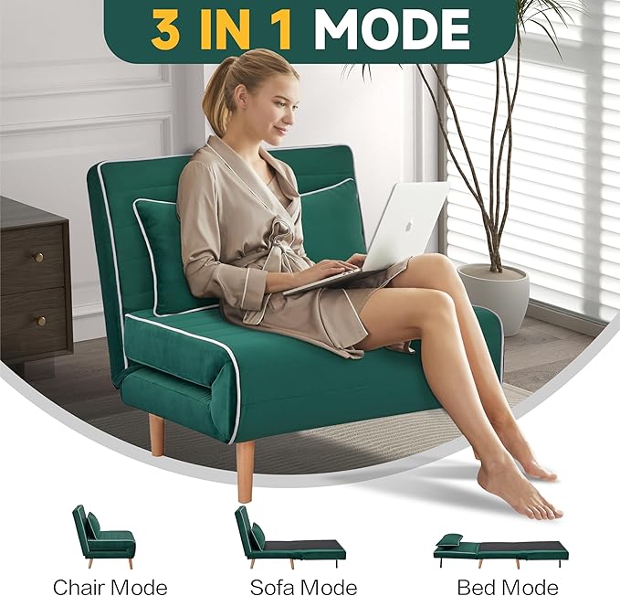 CITTANEO 2 Sets 32" Convertible Sleeper Chair, 3-in-1 Folding Sleeper Chair with Adjustable Backrest and Pillows, 2-Piece Sofa Bed Sets for Living Room, Apartment, Office, Green