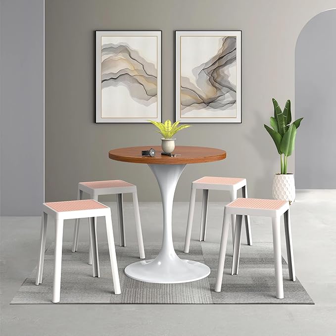 LeisureMod Tresse Mid-Century Modern Square Plastic Dining Stool Set of 2, Stackable Accent Stools with Breathable Seat, Lightweight Seating for Kitchen, Dining Room, Bedroom, or Entryway (White)