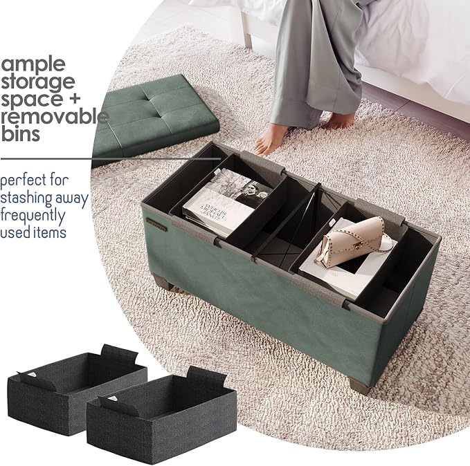 Storage Ottoman Bench with Bins, 30-in Storage Bench for Bedroom End of Bed, Folding Foot Rest Ottoman for Living Room Max 660lbs, Faux Leather Ottomans, Green