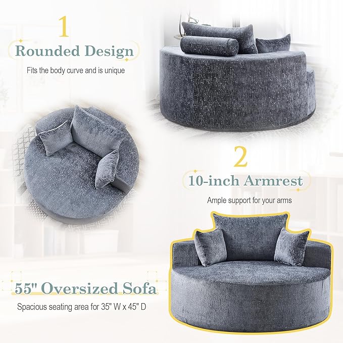 Oversized Round Chaise Longue Chair Indoor, Modern 55-inch Upholstered Chenille Deep Seat Circle Single Cloud Lounge Floor Sofa Chair for Living Room, Bedroom Apartment, Grey