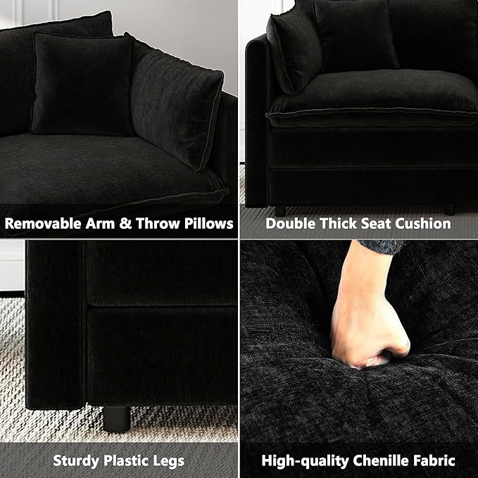 Aoowow Modular Sectional Sofa,147.2 Inch Deep 4-Seater Sofas Comfy Chenille Cloud Sofas and Couches with Pillows for Living Room Apartment（Black）