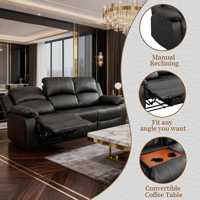 Saxum Tegmen Living Room Furniture Sets, Sectional Leather Couch Set, Adjustable Recliner Sofa with Double Cup Holders and Coffee Table for Living Room Furniture(Sofa, Black Leather)