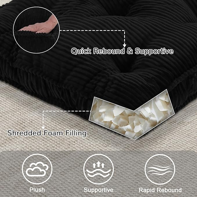PRIMEPATIO Square Floor Pillow for Adults, Tufted Floor Cushion for Sitting, Large Meditation Cushion, Thick Corduroy Seat with Handle, Tatami Seating for Yoga, 24x24 Inch Black, 1Pack