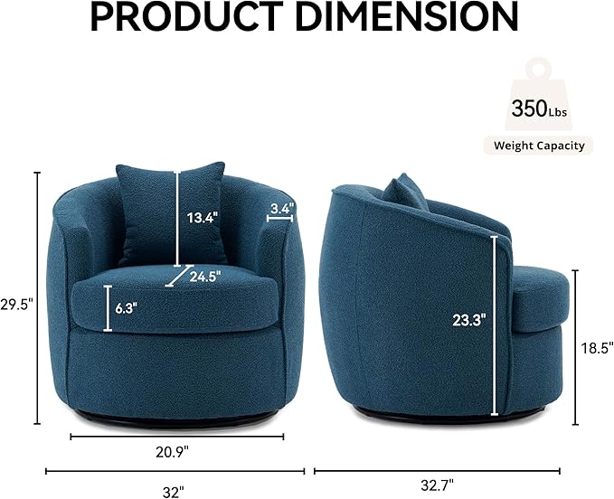 FaFaSoGoodFa Swivel Accent Chair, Modern Upholstered Boucle Barrel Arm Chairs with Pillow for Living Room, 360 Degree Round Swivel Sherpa Armchair with Round Base for Bedroom Club (1, Dark Blue)