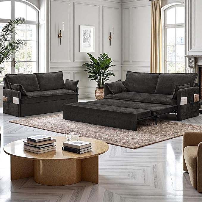 GRAINLLE Pull Out Couch,Loveseat Convertible Sleeper Sofa Bed with USB,Pull Out Sofa Bed Side Storage,2 Pillows,Corduroy Sleeper Couch for Living Room,Bedroom,Apartment,Pet-Friendly(Black, 59.5'')