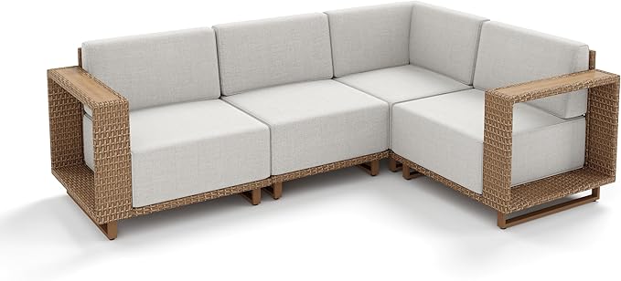 MIXPATIO Outdoor Patio Furniture Set, 4 Piece Outdoor Rattan Wicker Modular Sofa Couch Set, Sectional Conversation Set with 10" Extra Thick Cushions for Deck Backyard Lawn