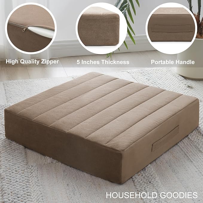 JKMAX 22 inches Floor Pillow for Adults - Large Meditation Cushion with Thick Foam & Soft Tufted Cover - Premium Outdoor Square Floor Cushion Seat - Yoga Pillows for Sitting On Floor - Coffee