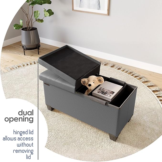 Storage Ottoman Bench with Bins, 30-in Storage Bench for Bedroom End of Bed, Folding Foot Rest Ottoman for Living Room Max 660lbs, Faux Leather Ottomans, Grey