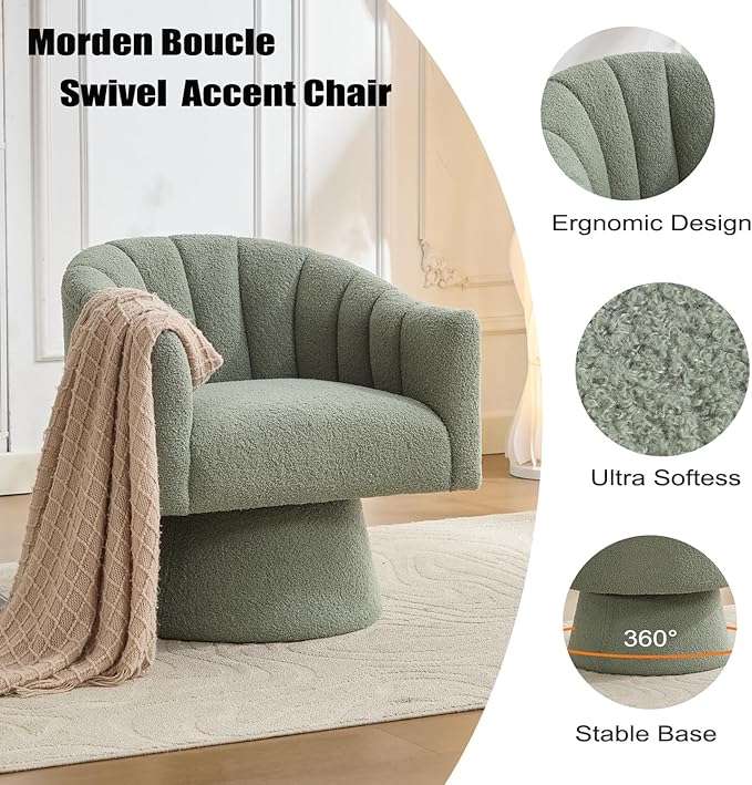 SEYNAR Swivel Accent Chair,Upholstered Teddy 360° Swivel Barrel Chair for Living Room Overstuffed Bouncle Reading Chair Round Armchair for Bedroom,Vanity,Office-Green