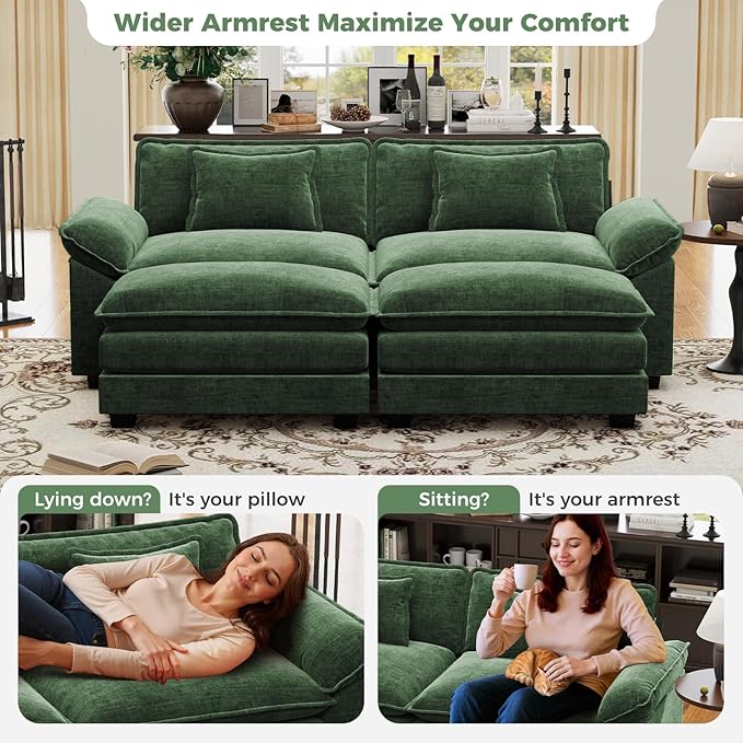 CDCASA 86" Modular Sectional Sofa, Comfy Cloud Couch with 2 Movable Ottoman, 4-Seater Chenille Deep Seat Sofa Bed Modern Sofa Couch for Living Room, DIY Combination, Green