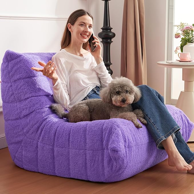 Bean Bag Chair Big Sofa Beanbag Chair for Adults Fireside Chair Bean Bag Lounger with Memory Foam Filled for Home,Apartment or Gaming Venue(Purple Teddy)