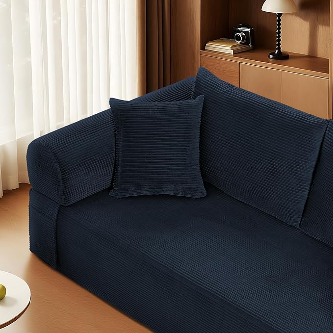 83" Sofa in a Box, 3 Seater Couch No Assembly Boneless Sofa Bed with Cushion Back 2 Matching Pillows Deep Seat Corduroy Fabric Side Storage Pockets for Living Room, Bedroom, Apartment, Office, Blue