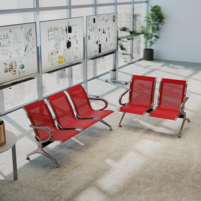 Kinfant 5-Seat Waiting Room Chair - Office Guest Reception Chairs with Ergonomic Backrests, Airport Waiting Bench with Armrests, Metal Waiting Furniture for Hospital, Dark Red (3-Seater+2-Seater)