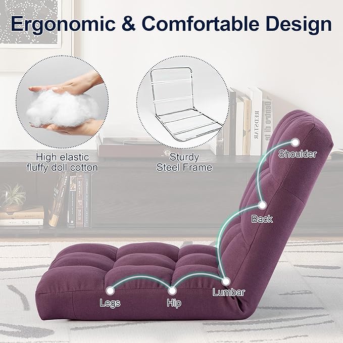 HOMYEDAMIC Folding Floor Chair with Back Support, Adjust Lay Flat Recliner Oversized Lounge Wide Lazy Boy Gaming Ergonomic Single Sofa Seat for Living Room Bedroom(Purple)