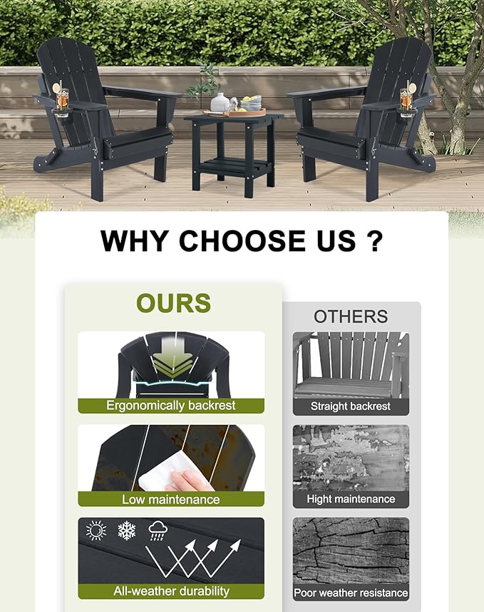 Folding Adirondack Chairs Set of 4- Plastic Adirondack Chairs with Cup Holder, Weather Resistant for Outdoor, Patio, Lawn, Garden, Backyard Deck, Fire Pit - Black