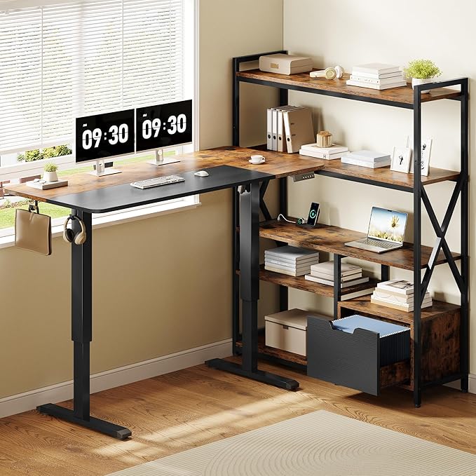 77.8 Inches L Shaped Standing Desk Corner Desk with Hutch Electric Height Adjustable Desk with Storage Shelves File Drawer Power Outlets Reversible Computer Gaming Desk for Home Office Brown