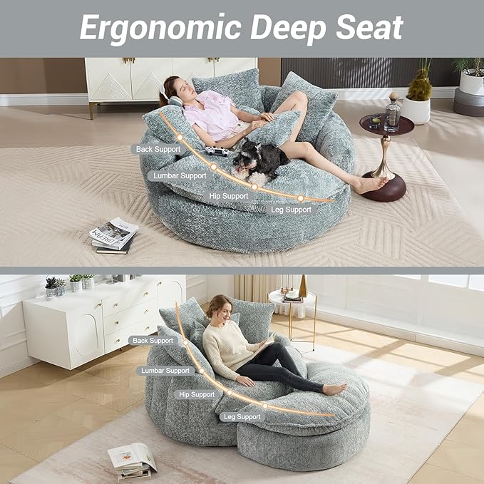 54" Oversized Round Chaise Lounge Indoor Boneless Bean Bag Chair with Movable Ottoman Fluffy Comfy Reading Chair Large Circle Cloud Couch Sleeper Sofa Bed for Living Room, Bedroom, Blue Gray