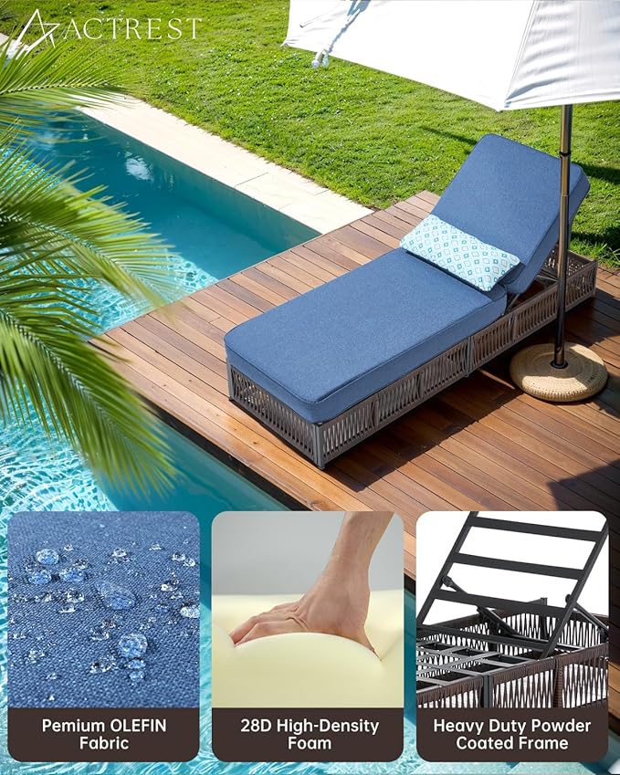 ACTREST Luxury Outdoor Chaise Lounge with 5 Inch Thickened Cushions - 1 Set High Back Brown Wicker Patio Recliners Rattan Reclining Chairs Porch Poolside Pool Sunbathing Lounger - Navy Blue