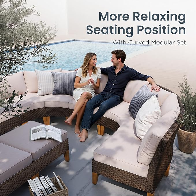 PHI VILLA 7-Piece Half Moon Patio Furniture Set with 56" Fire Pit Table, Outdoor Wicker Sectional Sofa with Cushions, Large Curved Conversation Seating for Garden or Backyard, Beige