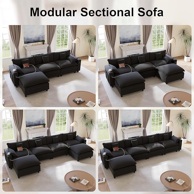 KCGKCG 80.7" Modular Sectional Sofa, L Shaped Cloud Couch with Movable Ottoman, Chenille Deep Seat Cloud Sofa with Charging Station, Cup Holder, Side Pocket, Sectional Couches for Living Room, Black