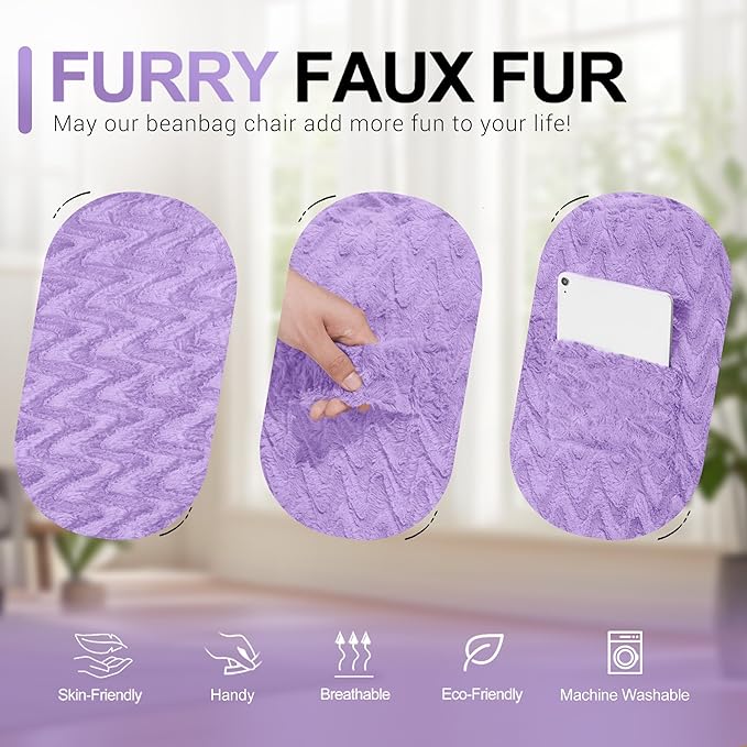 6FT Bean Bag Chair,Giant Bean Bag Chairs for Adults,Big Bean Bags with Memory Foam Filled, Large Beanbag Chairs with Chevron Plush Cover-Purple