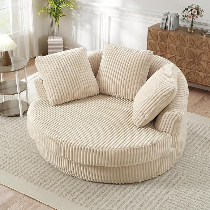61"W Oversized Round Chaise Lounge Chair Indoor, Upholstered Corduroy Large Circle Boneless Chair with Deep Seat, No Assembly Required, Modern Comfy Cloud Sofa Chairs for Living Room, Bedroom(Beige)
