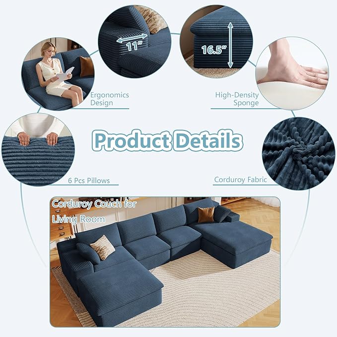 136" Cloud Sectional Couch with U-Shaped Chaise,Corduroy Viral Boneless Sofa with Ottoman,Memory Foam Couches in a Box with Deep Seat for Living Room,No Assembly Required (Blue,Left-Facing Chaise)