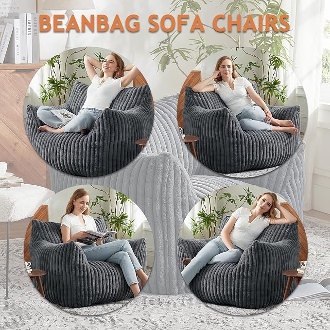 Giant Bean Bag Chairs for Adults with Filling Plush Fluffy Bean Bag Chairs for Teens with Armrests Comfy BeanBag Lazy Couch Sofa Chair for Bedroom Living Room Reading