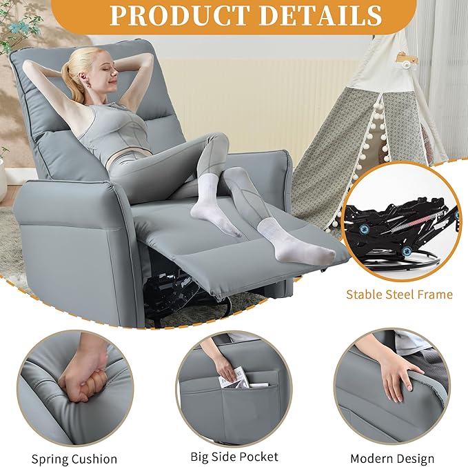 QKFF Glider Chair for Nursery, 360° Swivel Rocker Recliner with Side Pocket, Leather Manual Rocking Chair for Living Room, Bedroom, Small Spaces