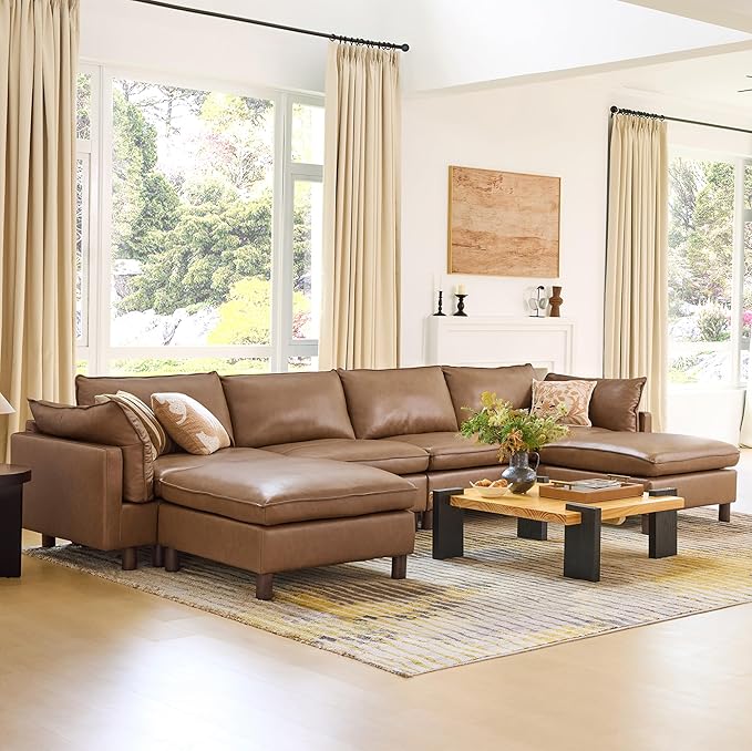 CHITA 161" Super Large Sectional Couches for Living Room, Modular Cloud Couch Sectional Sofa, Premium Genuine Leather Sofa, Down Filled, High Density Foam, Real Leather in Saddle, 6 Seat U Shaped