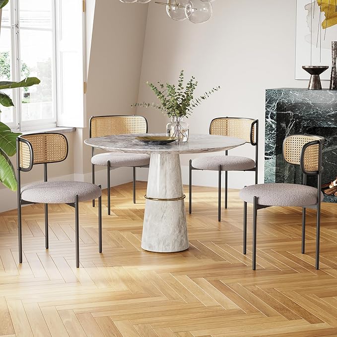 Farini Dining Chairs Set of 4,Mid-Century Modern Kitchen Chair Rattan Backrest Round Upholstered Sherpa Dining Chairs with Metal Legs,Light Grey