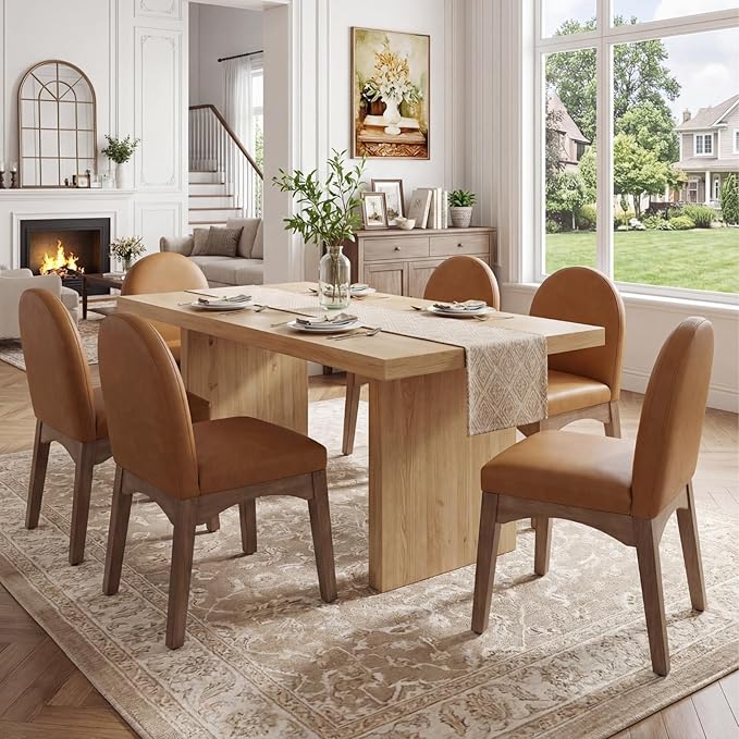 HNY Mid Century Modern Dining Chairs Set of 2, Faux Leather Upholstered Dining Room Chairs Armless Kitchen Chairs with Solid Rubberwood Legs, Accent Side Chairs for Living Room, Brown